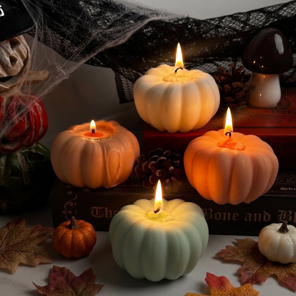 Vela Calabaza de soja con textura rústica y estilo otoñal
