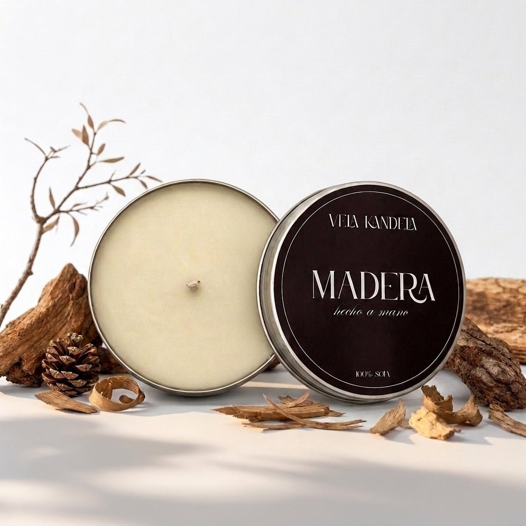 Vela en lata Madera Cálida de soja natural - Velakandela